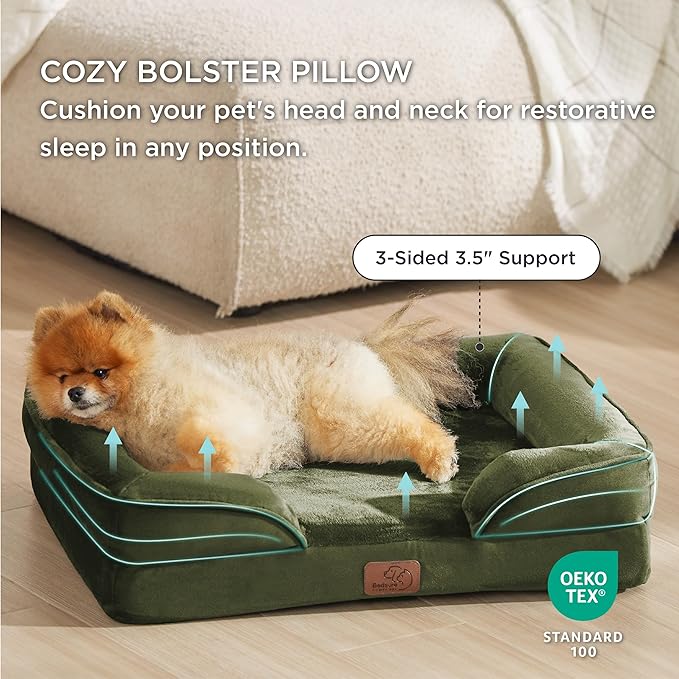 Bedsure Orthopedic Dog Beds for Small Dogs - Washable Small Dog Cat Bed Waterproof, Comfort Pet Couch Sofa with Washable Removable Cover, Pets Bed with Nonskid Bottom, Moss Green, 24"