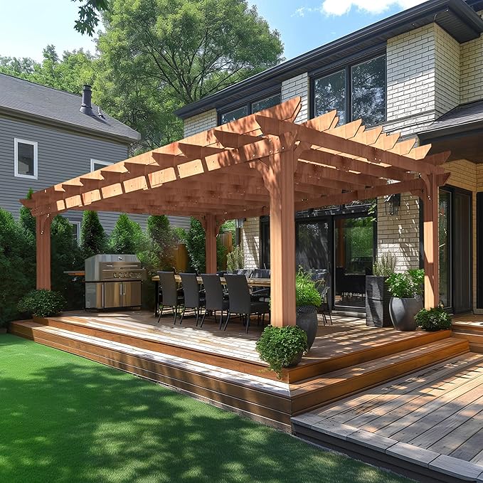 MUPATER 12x16 FT All Cedar Wood Wooden Pergola, Pergola Kit with Stakes, Quality Wood Supported Structure, Snow and Wind Supported, Outdoor Garden Shelter with Cedar Framed for Backyard, Deck, Lawn