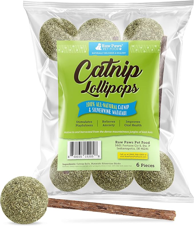 Raw Paws Catnip & Silvervine Lollipops Interactive Cat Toy (6 Pack) - Silvervine Sticks for Cats - Catnip Ball Toy - Fresh Cat Nip - Silver Vine Dental Sticks