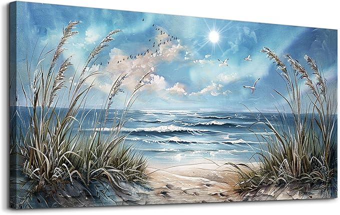 hyidecorart Large Wall Art For Living Room Wall Decor For Bedroom Sunshine Ocean Scenery Painting Blue Sea Waves Wall Pictures Office Modern Canvas Prints Artwork Aesthetic Home Decoration 48"X 24"