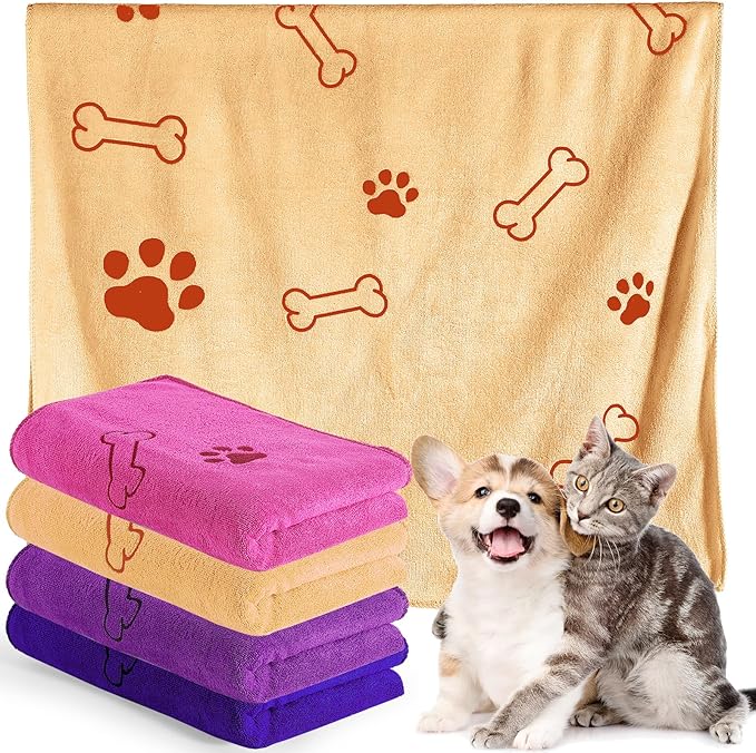 Chumia 4 Pcs Dog Towels for Drying Dog Puppy Bulk Microfiber Absorbent Paw Towel Pet Bathing Supplies Quick Drying for Medium Cats Pets Shower(24 x 40 Inch,Dark Purple,Purple,Pink,Yellow)