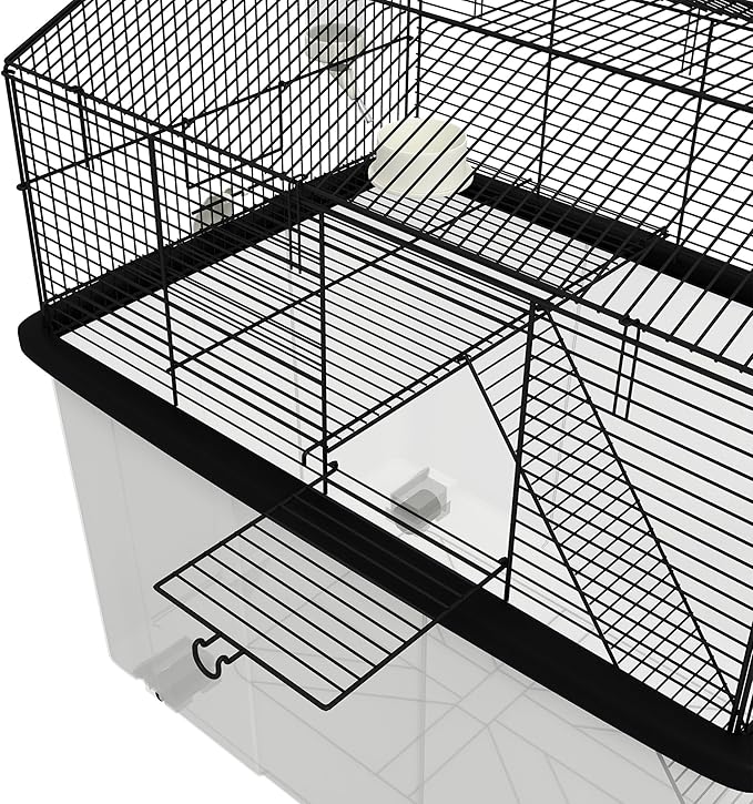 PawHut Hamster Cage, Gerbil Cage 2 Tier with Wheels, Deep Bottom, Ramp, Food Dish, Water Bottle, for Dwarf Hamster, Syrian Hamster, 57 x 43 x 57cm - Black
