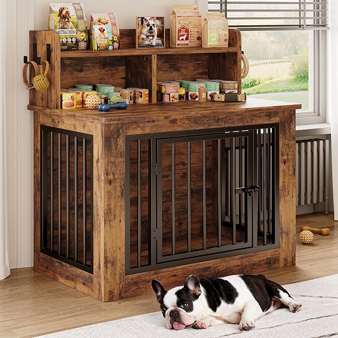 IRONCK Dog Crate Furniture, 33.4 inches Wooden Small Dog Crate with Storage and 4 Hooks, Heavy Duty Pet Crate for Small Dog, Decorative Pet Cage for Indoor (22" L x 33.4" W x 37.4" H)