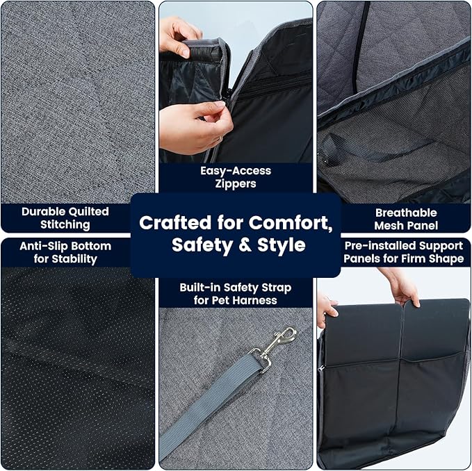 Dog Car Seat for Small/Medium Dogs with Door Protection – Full Coverage Pet Booster Seat with Mesh Window, Zippered Side Flaps, Safety Buckle, Grey Linen Fabric