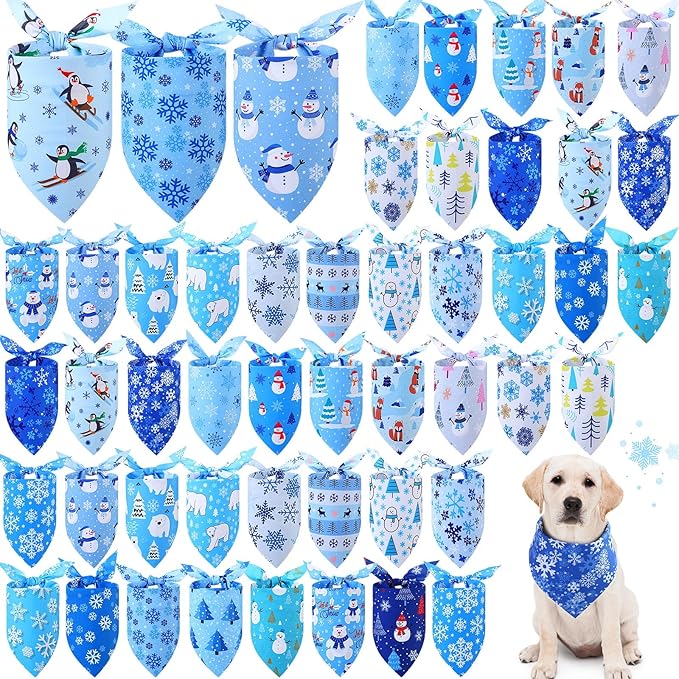 Abbylike 50 Pieces Winter Dog Bandanas Bulk Blue Snowflake Dog Bandanas for Pets Triangle Kerchief Scarf Bibs for Winter Pets Cats Party Costume Accessories (25.6 x 17.7 x 17.7)