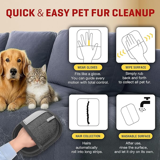 Pet Hair Remover Gloves for Cats & Dogs, Electrostatic Pet Hair Removal Gloves Brush for Pets Hair, Upgraded Animal Fur Removal Tool, Reusable Cats & Dogs Grooming Gloves for Hair Removal (1)