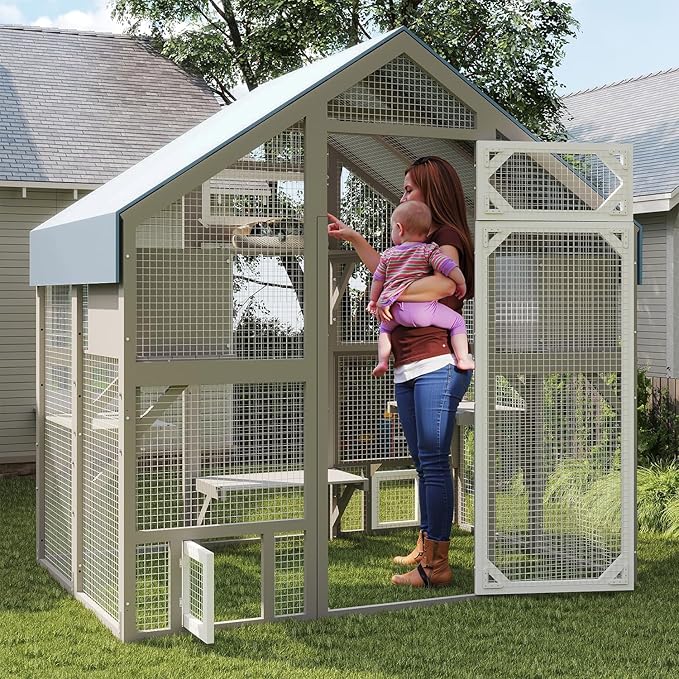 Cat Catio Outdoor Enclosure for Multiple Cats, Large Wooden Walk-in Cat House with Window Connection, 2 Condos, Platforms, Doors, and Weatherproof Roof Cover (69.5" L x 47" W x 71" H)
