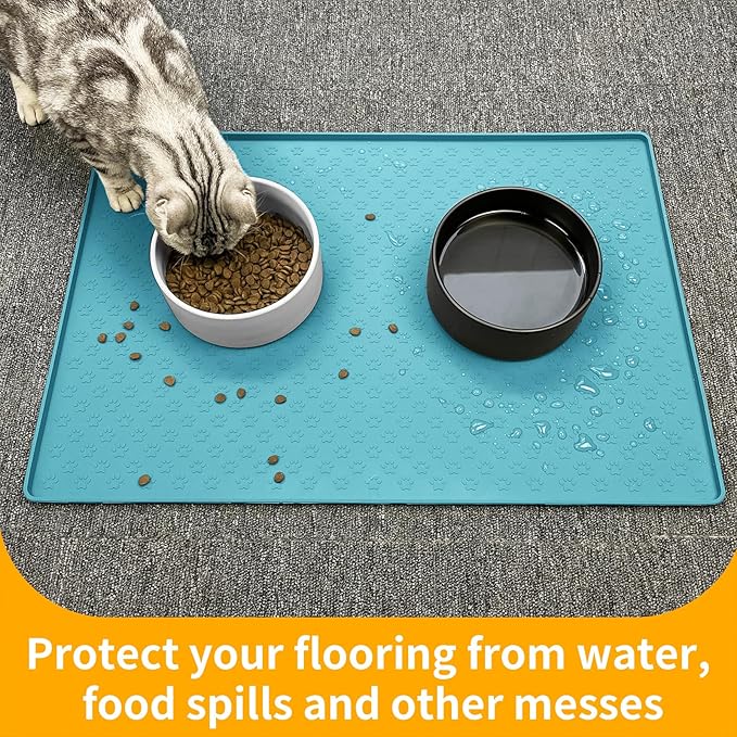 Ptlom Dog Food Mat Anti-Slip Pet Bowl Mats for Food and Water, High-Lips Pet Placemat Prevent Messy Spills to Floor, Waterproof Puppy Feeding Tray for Small, Medium Large Dogs Cats, Silicone