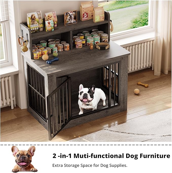 IRONCK Dog Crate Furniture, 33.4 inches Wooden Small Dog Crate with Storage and 4 Hooks, Heavy Duty Pet Crate for Small Dog, Decorative Pet Cage for Indoor (22" L x 33.4" W x 37.4" H)