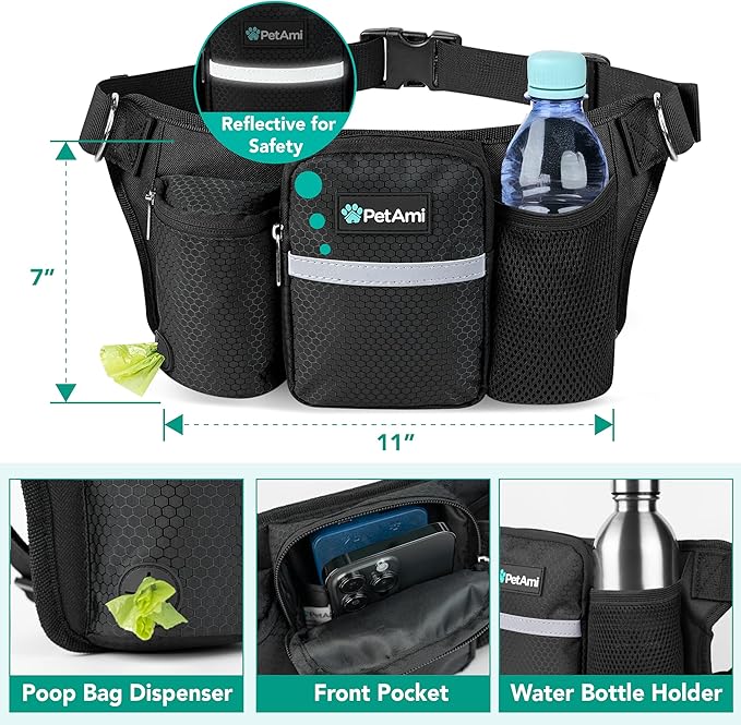 PetAmi Premium Hands Free Dog Leash for 2 Dogs, Adjustable Waist Belt Leash for Dog Walking, Fanny Pack Accessories Bag Dual Bungee Leash for Running, Hiking, Jogging, Biking, Black