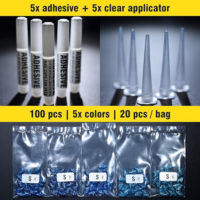 zetpo 100 pcs Cat Nail Caps | Cat Claw Covers | with Adhesives and Applicators (S, 5X Blue Glitter Shades)