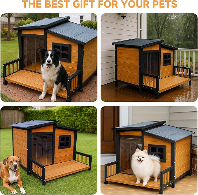 GARWOOD Large Outdoor Indoor Wooden Dog House for Small Large Dog Kennel Wood Sturdy Pet Puppy Warm Home with Durable Weatherproof Asphalt Roof Insulated Elevated Floor Outside Shelter Brown 39x37x30“