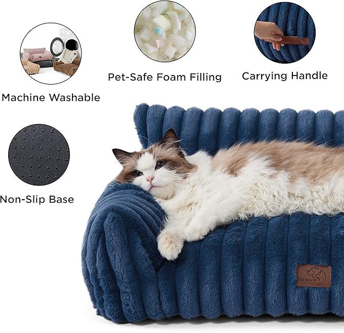 Bedsure Cute Dog Couch for Pets - Fluffy Dog Sofa with Premium Soft Corduroy Fleece, Pet Couch Bed with Washable Cover, Supportive Pet Sofa Bed for Medium Large Dogs, 36inch, Night Blue