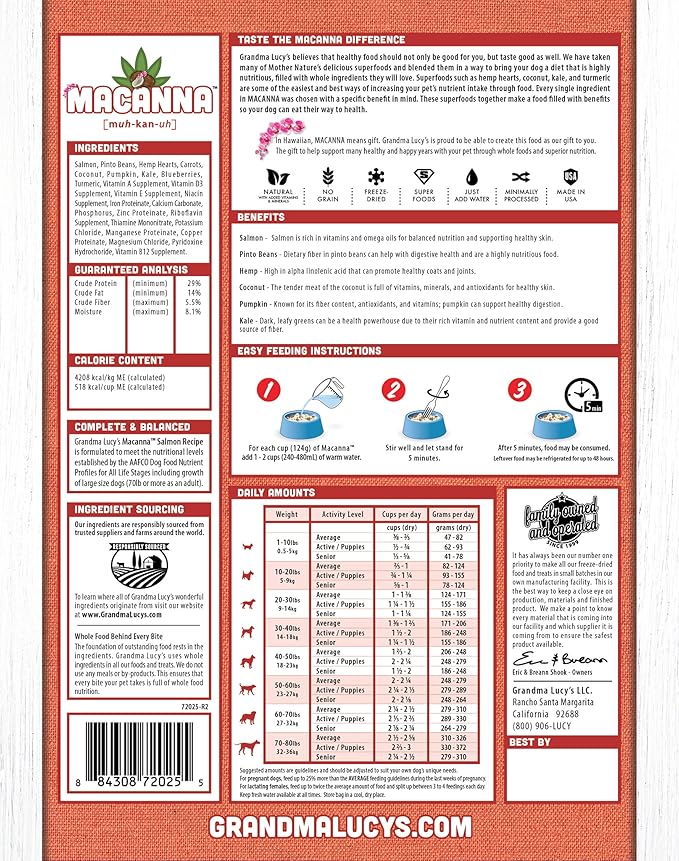 Grandma Lucy's Macanna Dog Food, Grain Free and Freeze-Dried - Salmon Recipe, 3Lb Bag