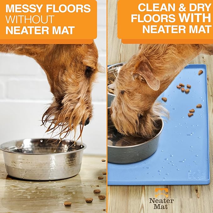 Neater Pet Brands Neater Mat Pet Mats for Food and Water, Cat & Dog Bowl Mat Waterproof Silicone, Feeding Tray, Dog Food Mats for Floors, Placemat w/Raised Edge for Under Bowls, 24" x 16", Light Blue