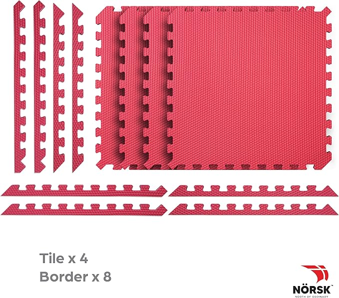 Norsk Reversible Gym Exercise Mats 3/4" Thick EVA Interlocking Foam Tiles, Perfect Gym Flooring for Home Gym, 40 Tiles & 80 Trim Pieces, 160 Sq. Ft. Reversible, Red/Black