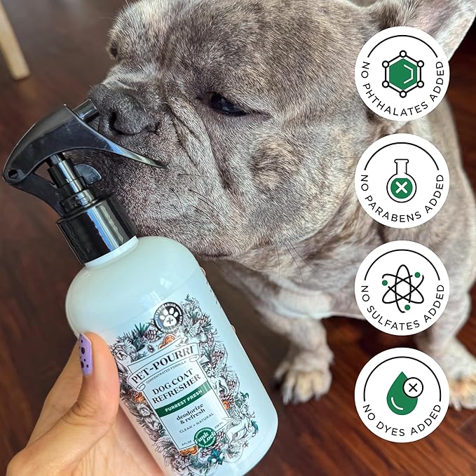 Poo-Pourri Furrest Fresh Dog Deodorizing Spray, 8 Fl Oz Grooming Perfume for Dog Coat, Pet Odor Neutralizer with Essential Oils, Vet Recommended, Paraben & Sulfate-Free Fir, Amber, & Cedarwood Scent