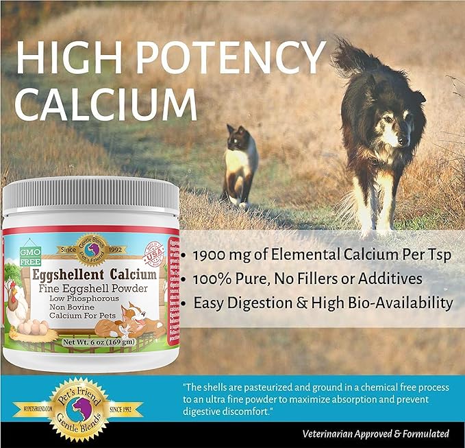 Calcium for Dogs and Cats - Fine Eggshell Powder - Strong Hip & Joint Supplement for Dogs and Cats- Dietary Supplement - No Additives - Pet's Friend Eggshellent Calcium 6oz