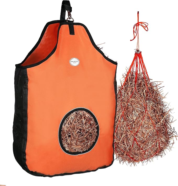 Majestic Ally 1200 D Hay Feeder Tote Bag for Horses, Sheep with Reflective Trim- Reduces Waste - Comes with 36” Hay Net (Orange)
