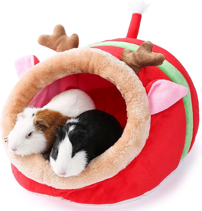 JanYoo Small Pet Gerbil Hedgehog Guinea Pig Bed Accessories Cage Toys Bearded Dragon House Hamster Supplies Habitat Ferret Rat for Christmas (XL, Reindeer)