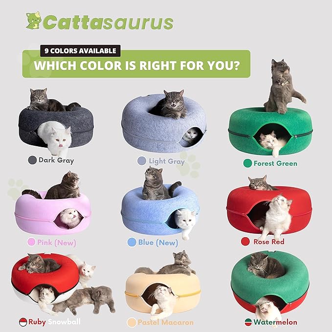 CATTASAURUS Peekaboo Cat Cave for Multiple & Large Cats Up to 30-45 Lbs, Scratch Detachable & Washable Tunnel Bed, Comfy Donut Cat Cave (Forest Green, Large)