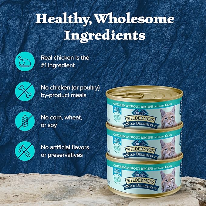Blue Buffalo Wilderness Wild Delights Meaty Morsels Wet Cat Food, High-Protein & Grain-Free, Made with Natural Ingredients, Chicken & Trout Recipe in Tasty Gravy, 3-oz. Cans (24 Count)