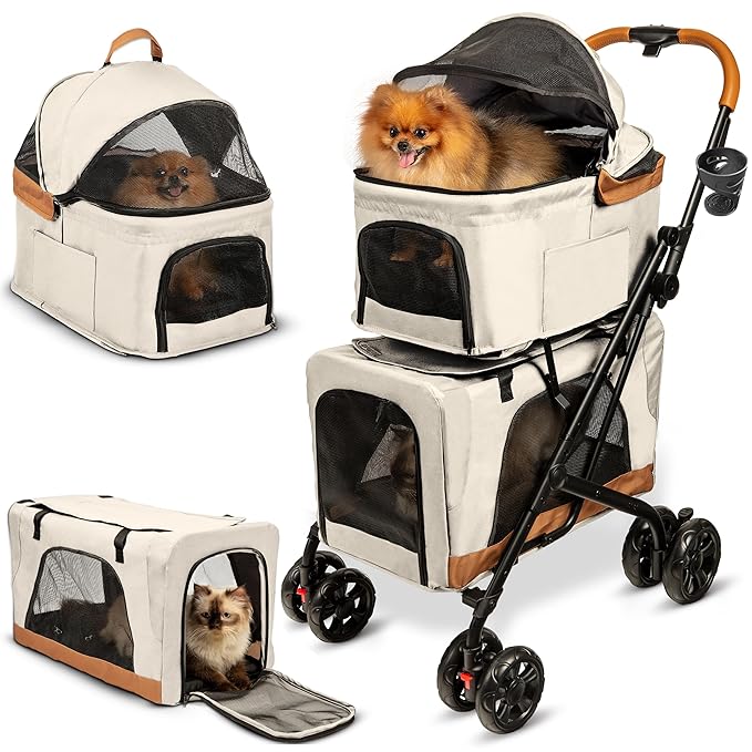 Double Pet Stroller with Detachable Carriers - Ideal for 2 Dogs or Cats - Compact & Convenient Design - Easy Assembly Double Dog Stroller - Cosmic Beige
