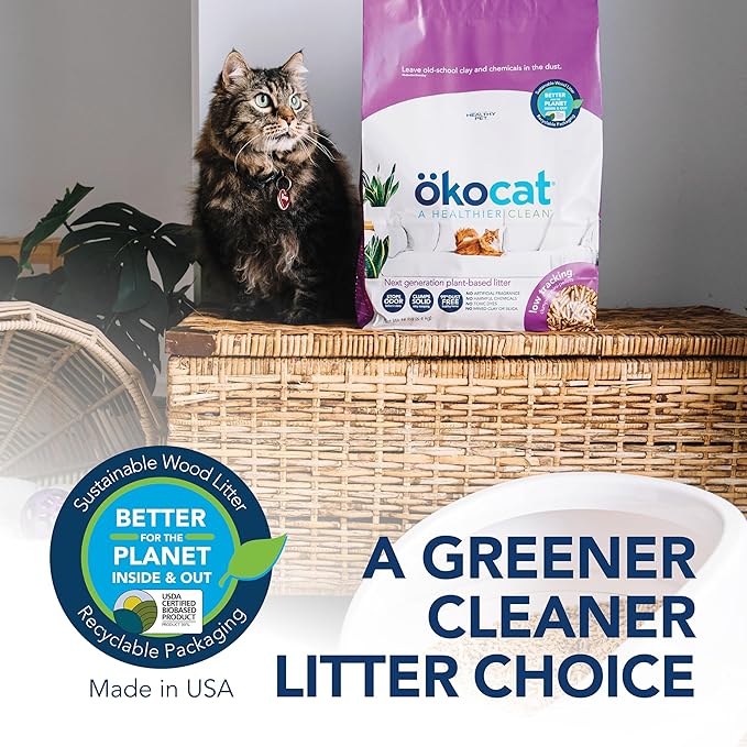 ökocat Less Mess Low Tracking Wood Clumping Cat Litter Mini- Pellets, Unscented, 18.6 pounds - Natural Ingredients, Stops Odor, Clumps Solid, 99% Dust Free, Great for Long-Hair Breeds