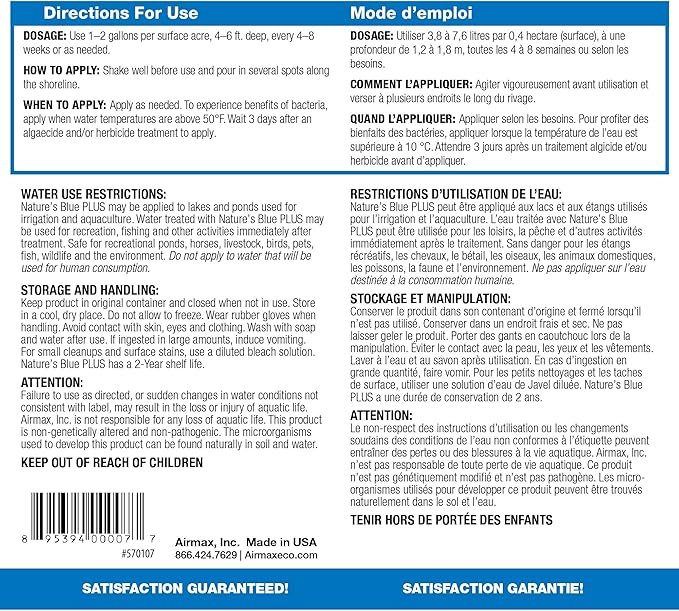 Airmax Pond Dye Plus, Nature's Blue Colorant & Natural Beneficial Bacteria, Large Pond & Lake Water Clarifier & Color Treatment, Shade Plants & Algae from Sunlight, Fish & Livestock Safe, 1 Gallon