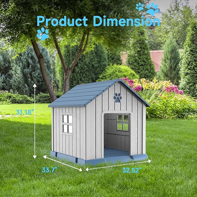 Vixzen 32in Large Outdoor Dog House,Durable Water Resistant Resin Dog House,Doghouse for Small to Large Dogs Indoor or Outside,with Air Vent and Elevated Floor,Blue
