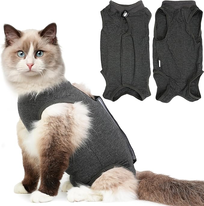 Cat Recovery Suit After Surgery, Breathable Cat Surgery Recovery Suit for Spay Abdominal Wounds or Skin Diseases, E-Collar Alternative Wear for Small Male Female Pets (Dark Grey, L)