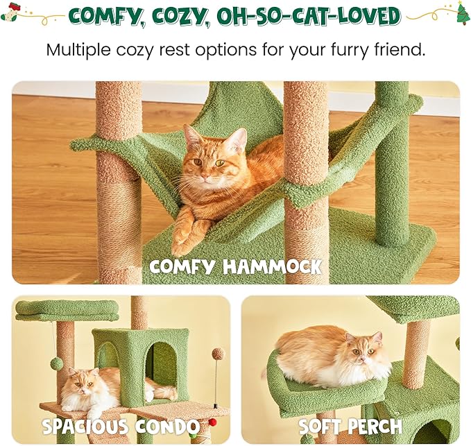 MWPO 70.1-Inch Green Large Cat Tree, Multi-Level Tall Cat Tower for Indoor Cats, Plush Cat Condo with Big Padded Perches, Sisal-Covered Scratching Posts, Hammock, Toys for Kittens & Cats