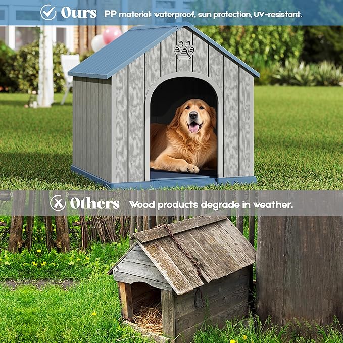 Large Dog House Outdoor Indoor for Medium Large Dogs, Durable Plastic Waterproof Doghouse with Air Vents and Elevated Floor, Easy Clean and Assemble (Blue, 36.2''L×38''W×38''H)