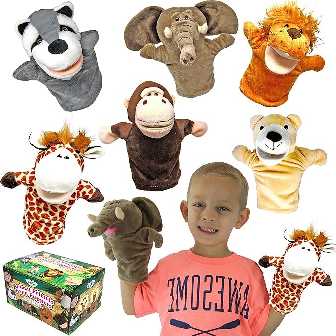 JOYIN 6Pcs Kids Hand Puppet Set with Working Mouth, Toddler Animal Plush Toy Includes Elephant, Giraffe, Lion, Bear, Raccoon and Monkey for Show Theater, Christmas Birthday Gifts for Kid Age 3+