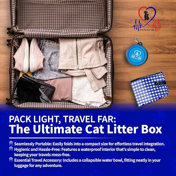 Pet Fit For Life - Vibrant Collapsible Travel Cat Litter Box - Portable, Foldable, Compact Design with Bonus Water Bowl - Ideal for Car & Camping - Reusable, Cats Safe - Blue, (16"x12"x5")