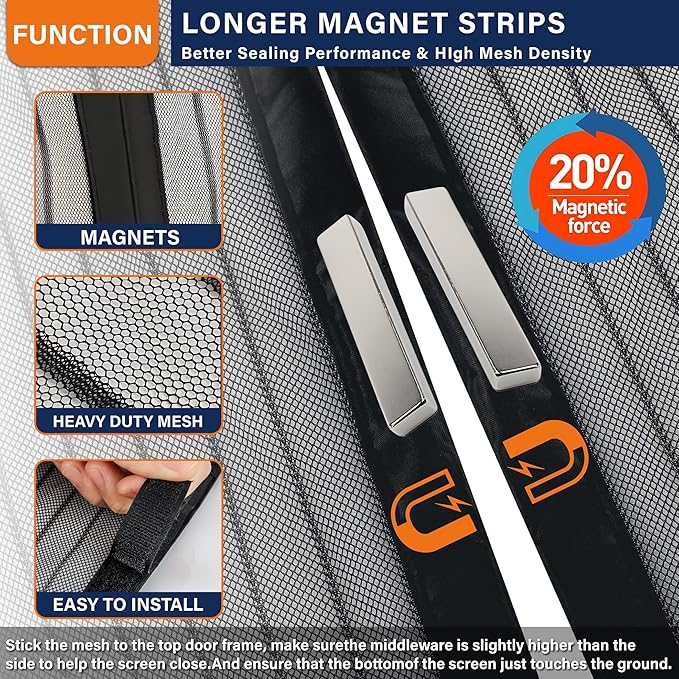 Magnetic Screen Door, Heavy Duty Door Screen Magnetic Closure Keep Bugs Out,Pet & Kid Friendly，Hands Free Door Screen Fit Door Size 36 x 96 Inches ‎Black
