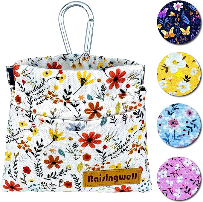 Dog Treat Pouch, Small Cotton Pocket Sized Training Holder, Hand Free Walking Funny Bag with Carabiner, Self-Closing Pet Feed Snack Reward, Behavior Aids for Puppy Travel or Outdoor Use
