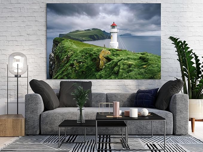 Nature Wall Art Prints - Ocean Forest Mountain Lake Canvas Landscapes - Small to Extra Large Living Room Bedroom Kitchen Bathroom Décor (Stormy Sky Lighthouse, 20L" x 30W")