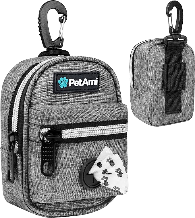 PetAmi Dog Poop Bag Holder for Leash, Dog Pet Waste Bag Dispenser For Poop With Clip, Doggy Puppy Walking Accessories Travel Camping, Dog Treat Pouch Supplies Must Have With Dog Bag Roll, Light Gray