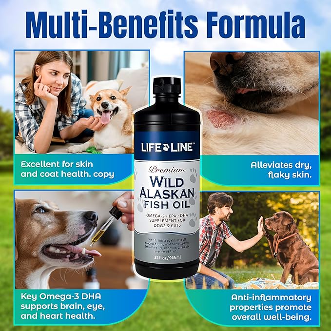 Life Line Pet Nutrition Wild Alaskan Fish Oil for Dogs and Cats 32oz – Omega 3 Fish Oil Supplement for Skin & Coat – Supports Brain, Eye & Heart Health in Dogs & Cats