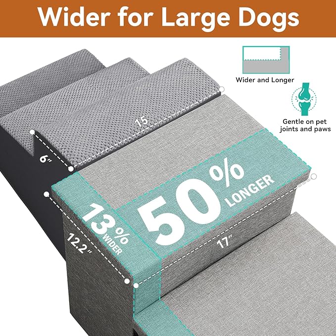 Dog Stairs with Storage 23" H, 4-Step Wider Dog Steps for High Beds Window, Folding Sturdy Pet Stairs Gift for Injured Old Dogs Cats, Ramp for Climbing Car Up to 200 lbs,(Gray, No Condo)