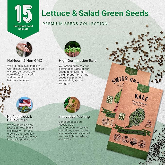 Organo Republic 15 Lettuce & Salad Greens Seeds Variety Pack 17700+ Non-GMO Heirloom Lettuce Seeds for Indoors & Outdoors Garden, Hydroponics, Aerogarden - Arugula, Kale, Spinach, Swiss Chard, Lettuce