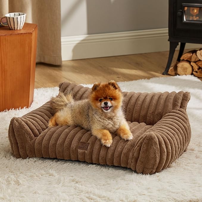 Bedsure Cute Cat Couch for Pets - Fluffy Small Dog Sofa with Premium Soft Corduroy Fleece, Pet Sofa with Removable Washable Cover, Supportive Dog Couch Bed for Small Medium Dogs, 30inch, Copper Brown