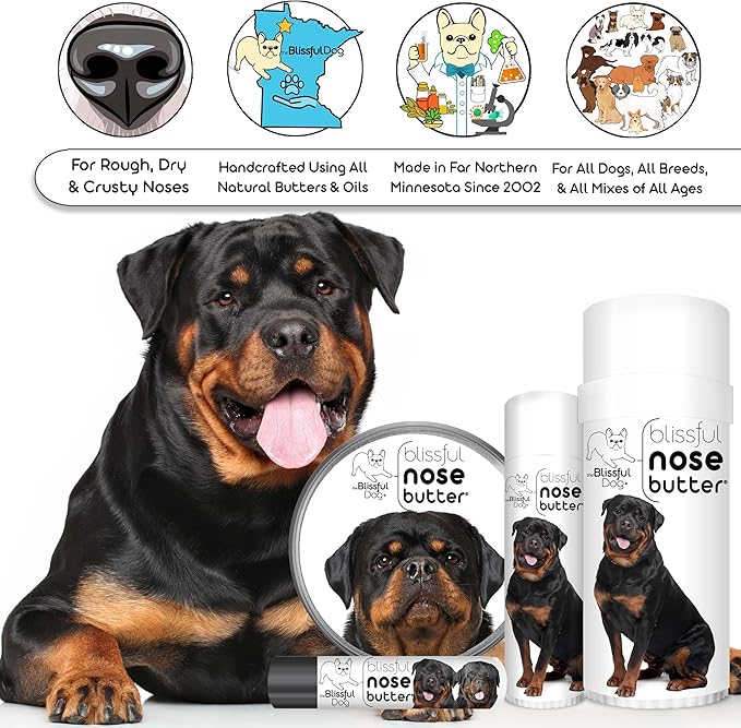 The Blissful Dog Rottweiler Nose Butter for Dry, Cracked Skin, Lick-Safe Dog Nose Balm with Moisturizing Shea Butter, Almond, Olive, and Essential Oils, Pet Supplies, Uncented, 4 oz.