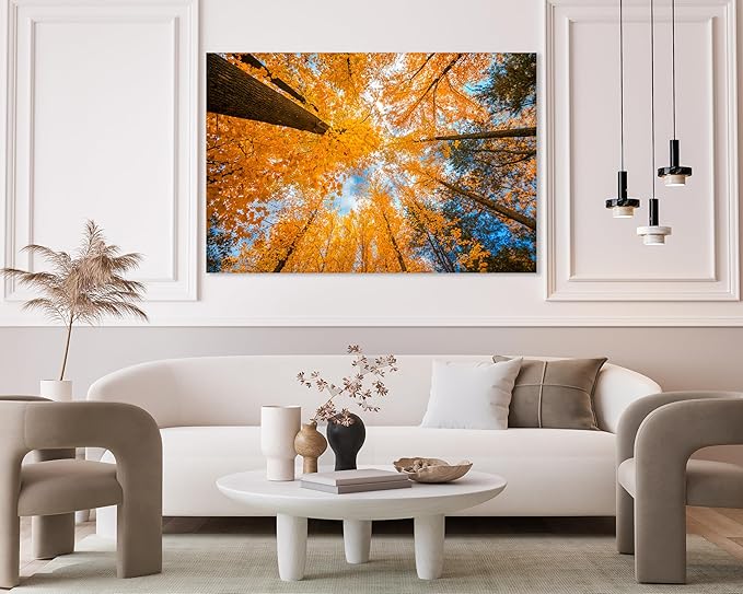Nature Wall Art Prints - Ocean Forest Mountain Lake Canvas Landscapes - Small to Extra Large Living Room Bedroom Kitchen Bathroom Décor (Blue Sky Through Yellow Autumn Trees, 35L" x 53W")