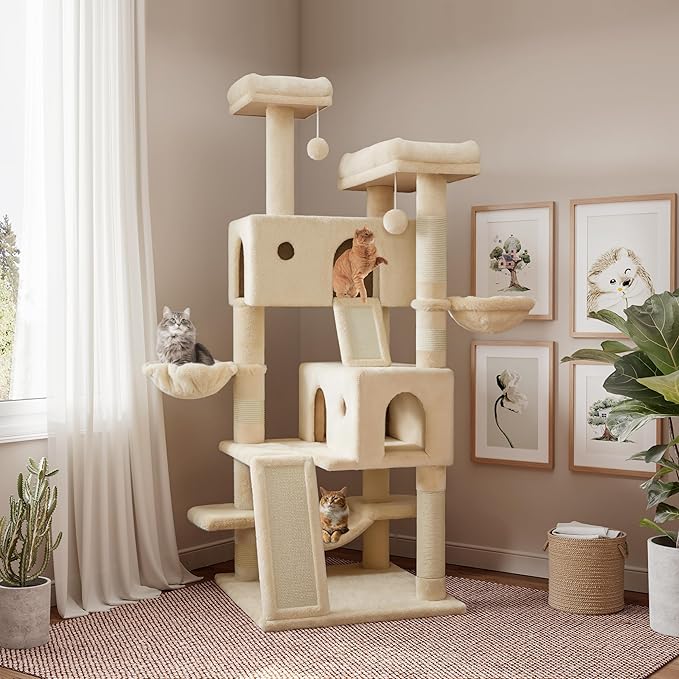 SHA CERLIN 65in Larger Cat Tree Tower Condo for Indoor Kitties/Multi-Level Furniture Activity Center with Wide Base/Cozy Plush Cat Perches/Baskets/Sisal Scratching Posts and Hammock/Beige