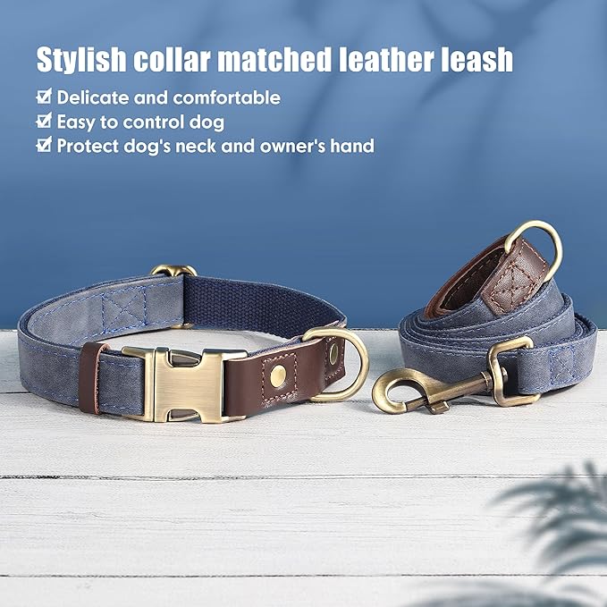 Didog Soft PU Leather Dog Collars for Medium Dogs,Classic Adjustable Dog Collars with Quick Release Metal Buckle,Easy Clean and Comfortable with Nylon Lining,Blue,M Neck 13-19"