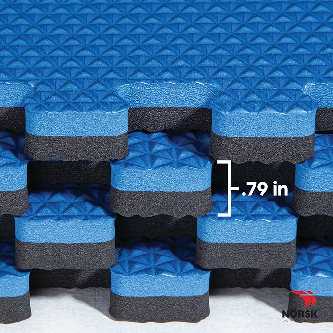 Norsk Reversible Gym Exercise Mats 3/4" Thick EVA Interlocking Foam Tiles, Perfect Home Gym Flooring, 24 Tiles & 48 Trim Pieces, 96 Sq. Ft. Reversible, Dazzling Blue/Black
