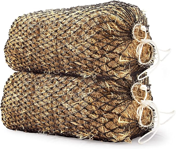Bloomoak Slow Hay Net Feeder for Horses, Durable Soft Black PE 2/3 String Hay Bales Bags, Fit 36x18x18 to 47x25x17 Inches, Extends 50-64 Inches (2 1.6" Hole/2PC)