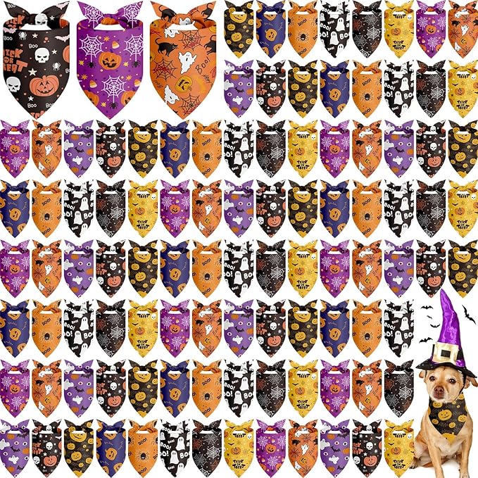 100 Pieces Halloween Dog Bandanas Bulk Pumpkin Ghost Bandanas for Dogs Soft Triangle Bibs Adjustable Triangle for Small Medium Large Pets Halloween Party Costume